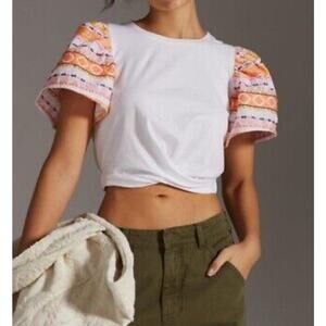 Anthropologie White Blouse with Multicolor Sleeves